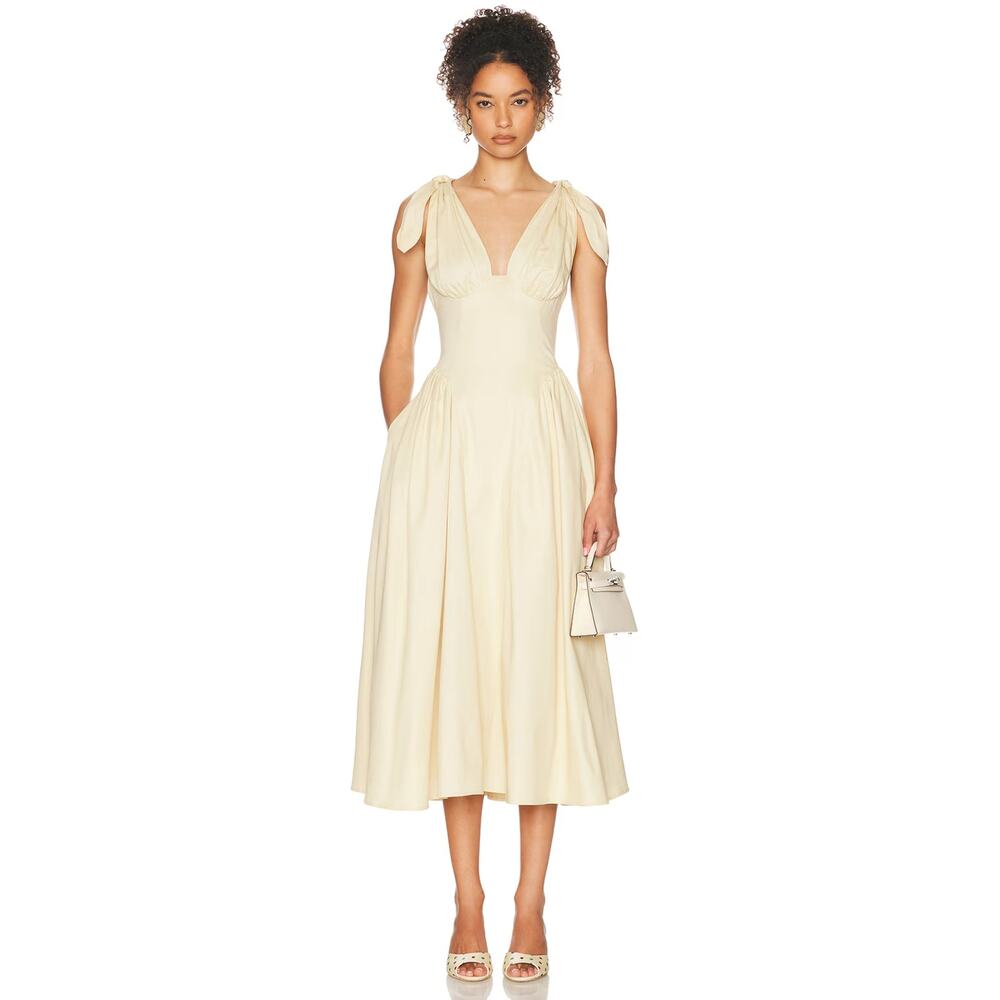 Helsa Fairweather Midi Dress in Stretch Cotton Sateen in Hay